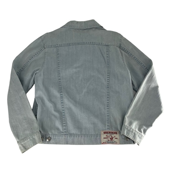 True Religion Denim Jacket Mens XL Blue Light Wash Trucker Hip Hop Y2K Flap Jean - Picture 2 of 11